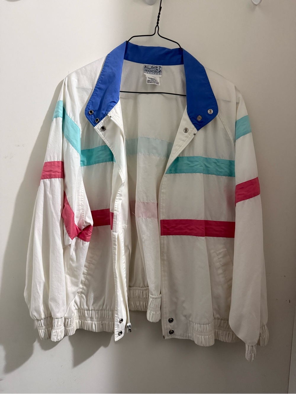 Vintage Koret White Windbreaker Jacket with Blue Collar and Pink & Teal Stripes